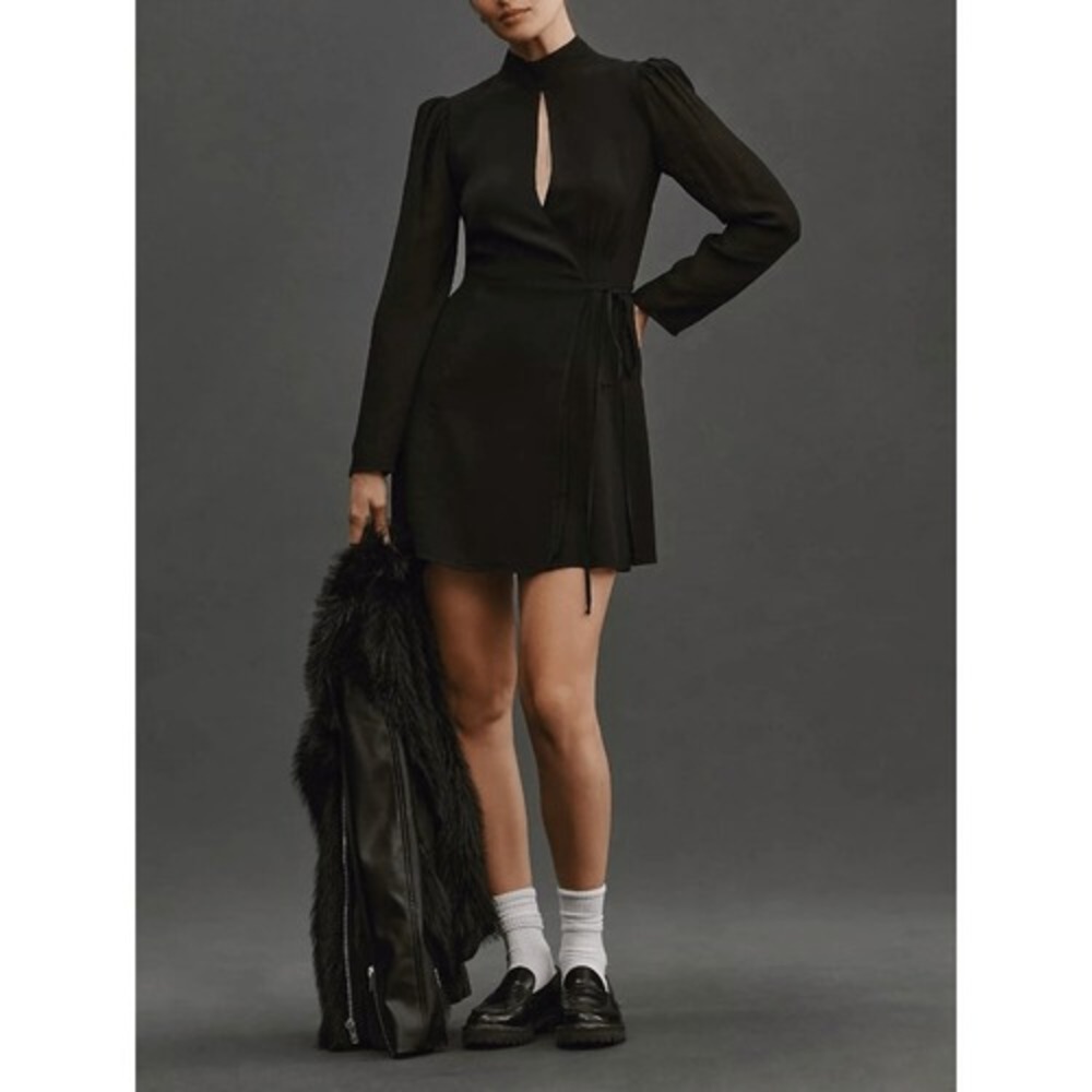 NEW Reformation Ottessa Mini Dress Size XS Black Wrap Long Sleeve - Picture 4 of 10